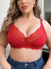Plus Size Valentine's Day Theme Solid Color Lace Spliced Bra - Red - View 4