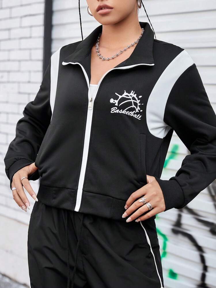 Women's Letter Print Colorblock Sports Jacket
