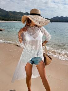 SHEIN VCAY Women's See-Through Shirt With Short Front And Long Back - White - View 4