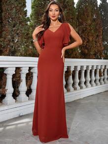 Abito da damigella in chiffon con scollo a V, maniche a ruches con paillettes, schiena scollata