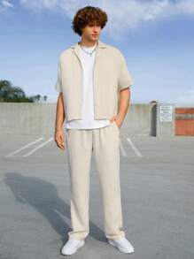 Manfinity Roghcode Men's Solid Color Short Sleeve Shirt And Pants Two Pieces Set - Beige - View 1