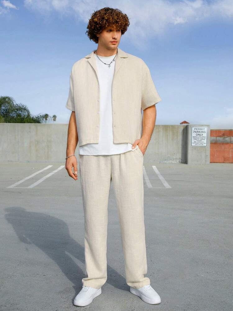 Men's Solid Color Short Sleeve Shirt And Pants Two Pieces Set