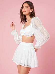 Enchnt Kurz Geschnittenes Damen-set Aus Oberteil Und Rock Mit Rüschenbesatz