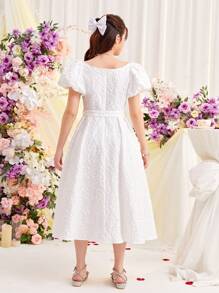 SHEIN 少女甜心領蓬松袖紋理提花裙,配腰帶 - 白色 - 查看 6