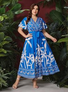 Mulvari Plus Size Women's Palm Tree Printed Ruffle Short Sleeve Dress - Blue - View 1