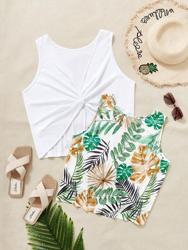 Plus Size Solid Color Heating Belt & Printed Twist Knot Tank Top 2pcs/Set