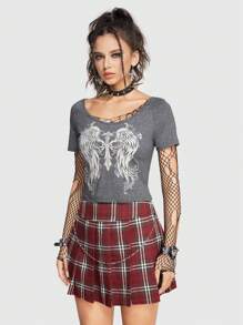 ROMWE Grunge Punk Wings Print Scoop Neck Slim Fit Tee For Summer - Light Grey - View 4