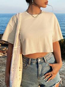 SHEIN VCAY Áo thun cổ tròn tay ngắn trễ vai đơn giản giản dị cỡ lớn dành cho nữ, phù hợp cho mùa hè, chất liệu cotton pha trộn - Màu be - Xem 3