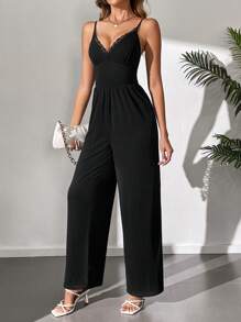 SHEIN Tall Của phụ nữ Đơn giản Ren Cắt tỉa Sọc Áo liền quần Với Dây đai mỏng Đối với Ngày lễ Phong cách - màu đen - Xem 4