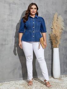 SHEIN LUNE Kích thước lớn Thon gọn Đàn hồi Ngắn tay Áo khoác denim - Màu xanh lam - Xem 3