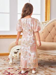 SHEIN Embroidered Fabric Young Girls' Mid-Sleeve Long Vacation Dress