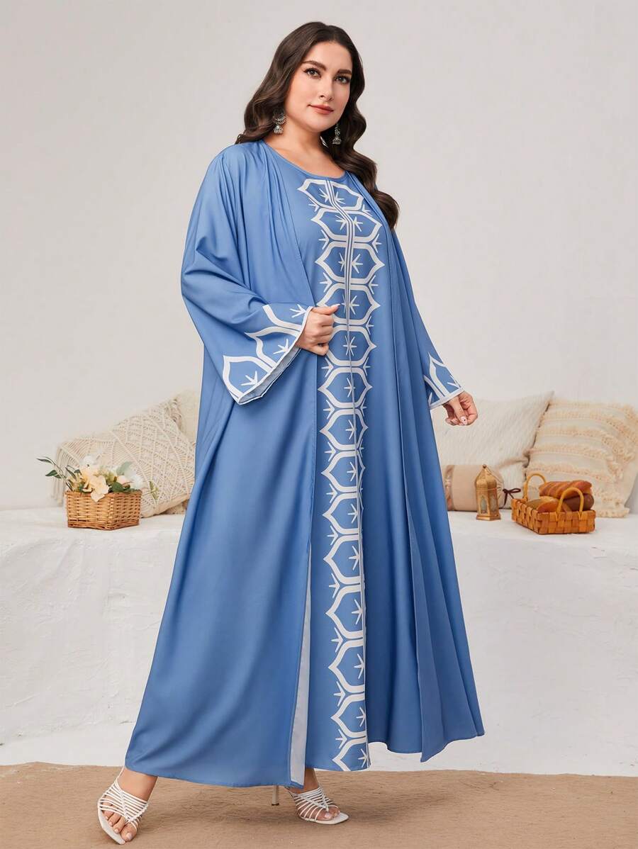 Al Najma Conjunto de dos piezas de talla grande con vestido estampado geométrico y chaqueta, tipo abaya - Multicolor - Ver 1