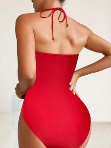 SHEIN Swim Quý cô 3D Hoa Đồ trang trí Xu hướng: Cắt giảm Dây Áo tắm một mảnh - Đỏ - Xem 2