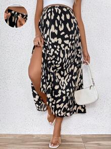 SHEIN Young Casual Elastic High Waist Allover Print Skirt With Adjustable Waistband For Maternity