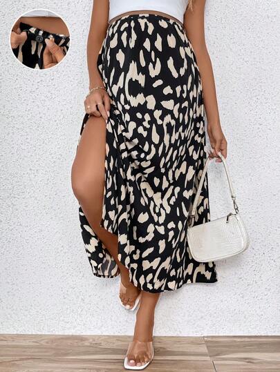 SHEIN 年輕休閒彈性高腰全印花裙子，附有可調節腰帶，適合孕婦