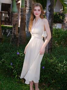 Women's Waist Cinched Halterneck Dress - Beige - View 5
