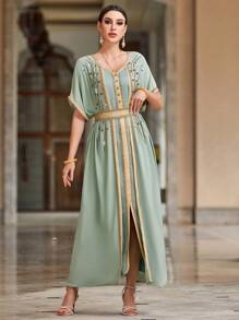 Al Najma 水晶装饰编织腰带拼接二合一连衣裙，端庄的长袍