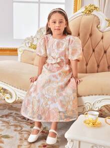 SHEIN Embroidered Fabric Young Girls' Mid-Sleeve Long Vacation Dress