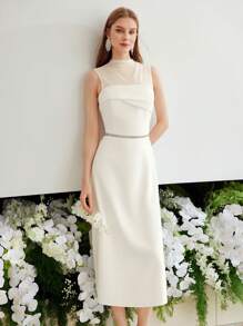 MOTF PREMIUM SOLID CONTRAST MESH FOLD PLEATED DRESS