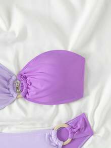 SHEIN Swim 無肩帶托巴上衣,環形細節二件式泳裝 - 紫色 - 查看 5