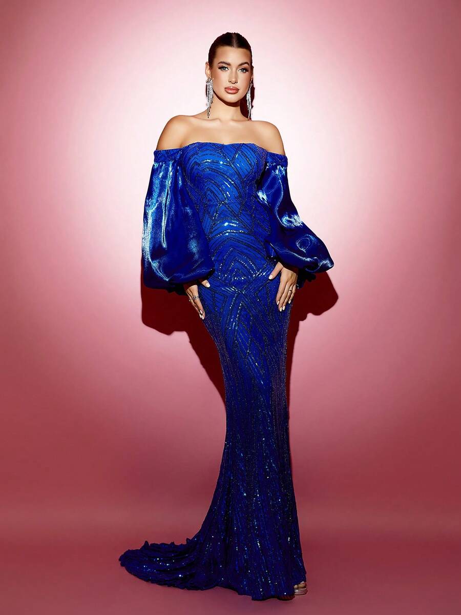 LOVE&LEMONADE Off Shoulder Blue Glittery Fashionable Dress - Blue - View 1