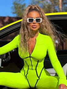 Long Sleeve Zipper Up Sexy Contrast Trim Bodycon Tight Unitard Jumpsuit - Green - View 5