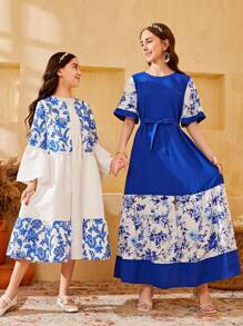 SHEIN Teen Girls' Floral Pattern Spliced Casual Dress - Blue and White - View 1