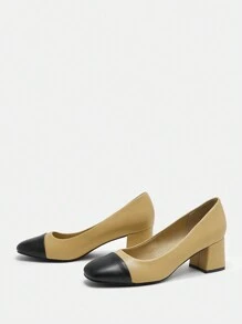 SheIn BIZ Scarpe Singole Colorblock Bicolore Con Tacco Basso Da Donna - Albicocca - Visualizzare 3