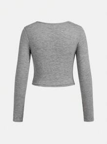 SHEIN Girlism Tween Girl Knit Solid Color Round Neck Short Sleeve Casual T-Shirt - Light Grey - View 2