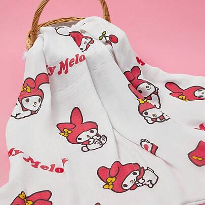 HELLO KITTY AND FRIENDS | SHEIN Cute Cartoon Full Print Bamboo Fiber Soft Breathable Double-Layer Baby Blanket, Swaddle Blanket, Multipurpose Blanket