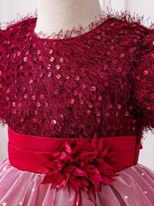 Young Girl's  Elegant Long Dress For Birthday Party, Wedding, Holiday With Red Ombre Glitter Tulle Princess Skirt - Burgundy - View 6