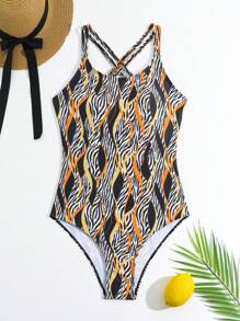 Teen Girls' Zebra Pattern Cross Back One-Piece Swimsuit - Multicolor - View 1
