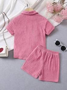 Trẻ Cô gái Màu thuần Ngắn tay Áo sơ mi Và Bộ quần short - Hồng - Xem 2