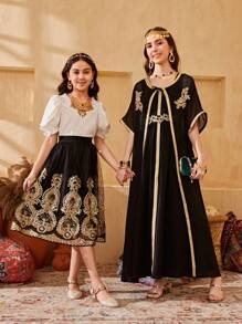 SHEIN Teen Girls' Elegant Golden Floral Decoration Front Open Sleeveless Dress With Long Coat Set