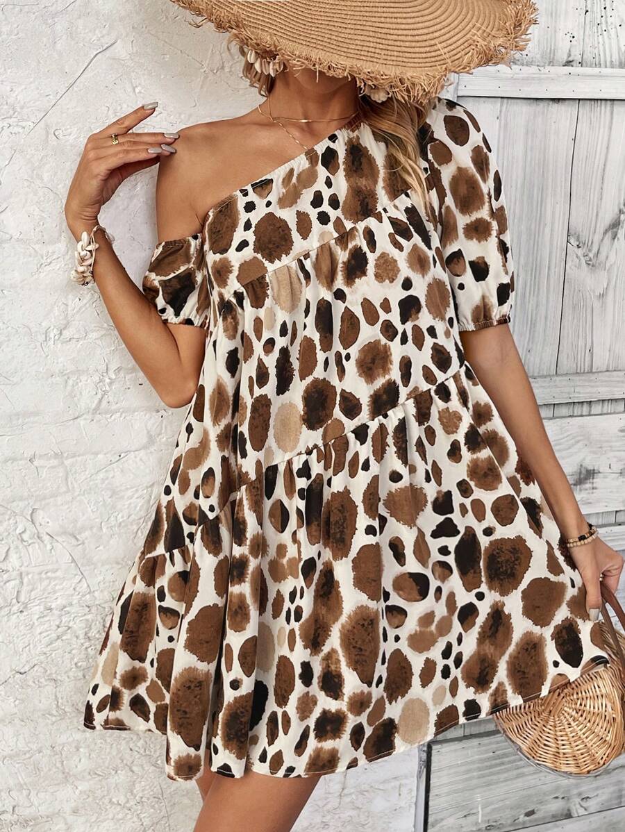 SHEIN VCAY 女士印花斜肩嬰娃裝連身裙 - 棕色 - 查看 1