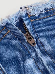 SHEIN MOD 女士褶皺和毛邊丹寧裙 - 淺色水洗藍 - 查看 3