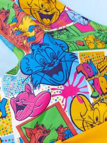 TOM & JERRY X SHEIN Plus Contrast Cartoon Print Halter One-Piece Swimsuit, Summer - Yellow - View 3