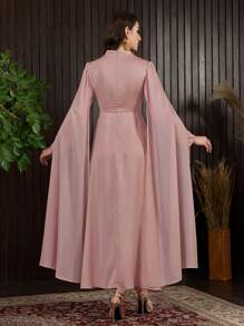 Modelyn Women's Embroidered Patchwork Cape Sleeve Dress - Pink - View 8