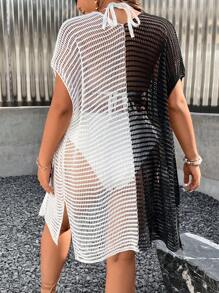 SHEIN Clasi 大尺碼對比色空心針織開襟外套 - 黑與白 - 查看 2
