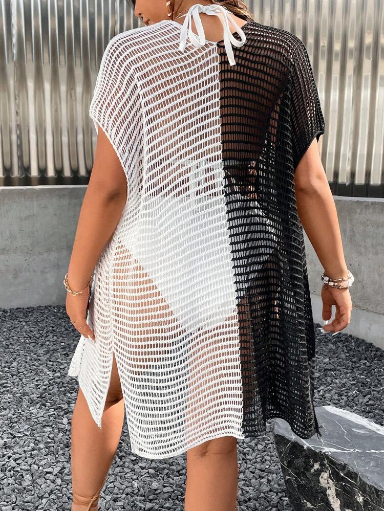Plus Size Contrast Color Hollow Out Cardigan