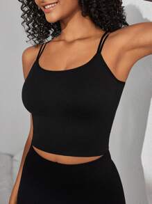 Ocili Leisure Extremely Stretchy Seamless & Skin-Friendly Non-Removable Padding Comfortable Solid Double Shoulder Straps Women Tops Black - Black - View 3