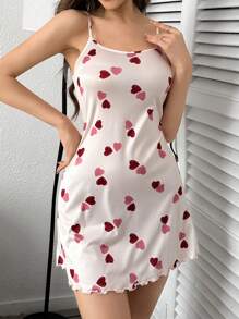 Women's Heart Pattern Printed Pajama Slip Dress With Spaghetti Straps - Apricot - View 6