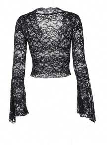 女士蕾丝V领喇叭袖休闲上衣，性感百搭，适合派对、春夏、度假、街头、情人节等场合 - 黑色 - 查看 2