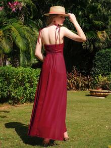 Vestido Con Cordones, Cintura Ajustada Y Abertura Lateral - Burdeos - Ver 2