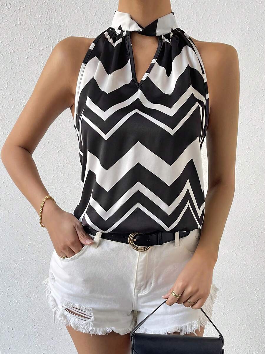 SHEIN Privé Của phụ nữ Không tay Áo sơ mi Với Dợn sóng Mẫu sọc , Có nút Vòng cổ - Nhiều màu - Xem 1