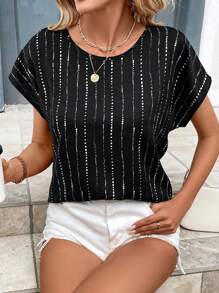SHEIN Clasi Women's Striped Batwing Short Sleeve Summer  Blouse - Black and White - View 2