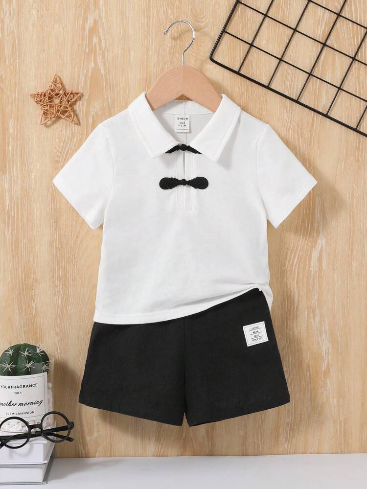 Baby Boy's Casual White Button-Down Shirt And Elastic Waistband Letter Pattern Shorts Set