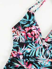 Swim Lushoire Ladies' Halter Neck Tropical Plant Print Boxer Shorts Tankini Swimwear Set, For Summer Beach Vacation - Multicolor - View 7