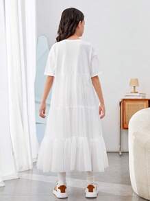 Vestido de malha contrastante com estampa de desenho animado para meninas pré-adolescentes, bainha, manga curta, decote redondo - Branco - Ver 2