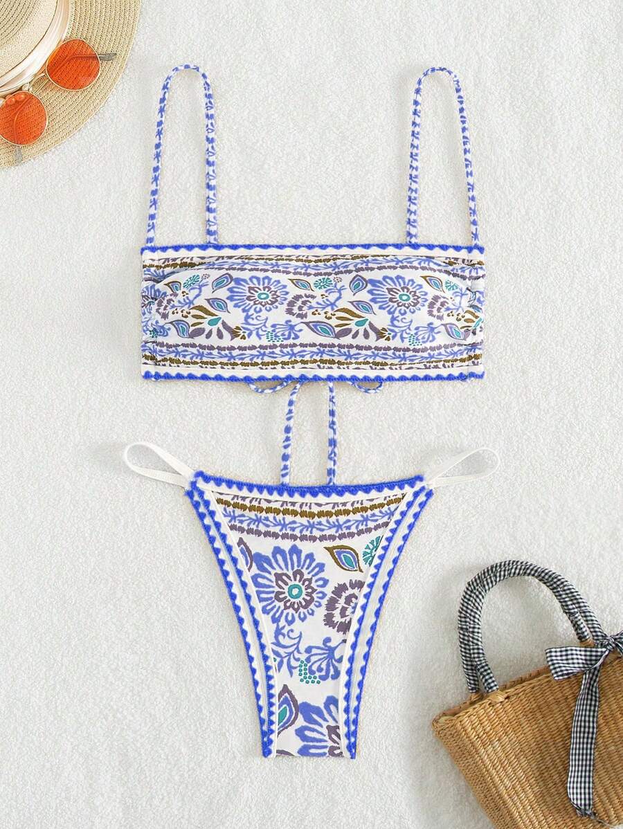 SHEIN Swim Ladies' Flower Pattern Print Two-Piece Bikini Set Summer Beach - Multicolor - View 1